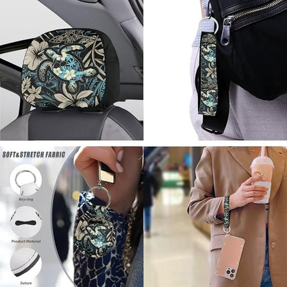 13 PCS Boho Sea Turtle Car Interior Accessories, Hawaiian Hibiscus Palm Front Rear Seat Full Set, Island Tropical Plant Tortoise Seat Belt Pad Universal Fit Most Car