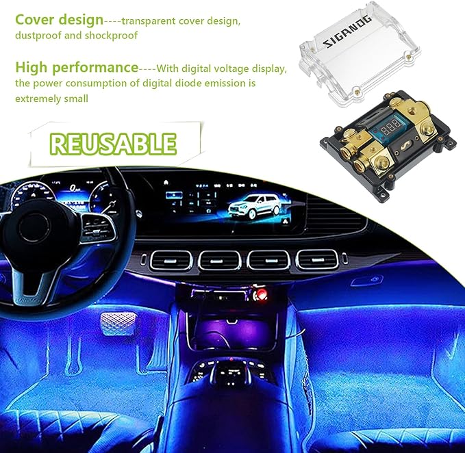 Car Audio Digital LED Voltage Display, ANL Fuse Holder Distribution Block 1 in 2 Out, with 2 Fuses and 2 Hexagon Wrench, Suitable for Car and Yacht Audio