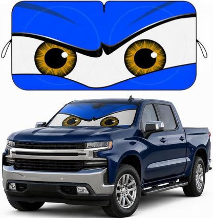 Car Windshield Sun Shade, Blue Monster Eyes Large Foldable Front Window Sunshade, UV Heat Protection Windshield Cover Universal Fits Full-Size Pickup Truck SUV- 63 x 33.86