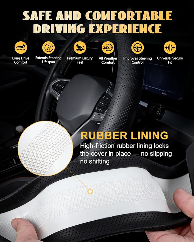 Car Leather Steering Wheel Cover, Premium Nappa Leather with Anti-Slip Lining, Universal 15 Inch, Perforated Breathable Design, Black