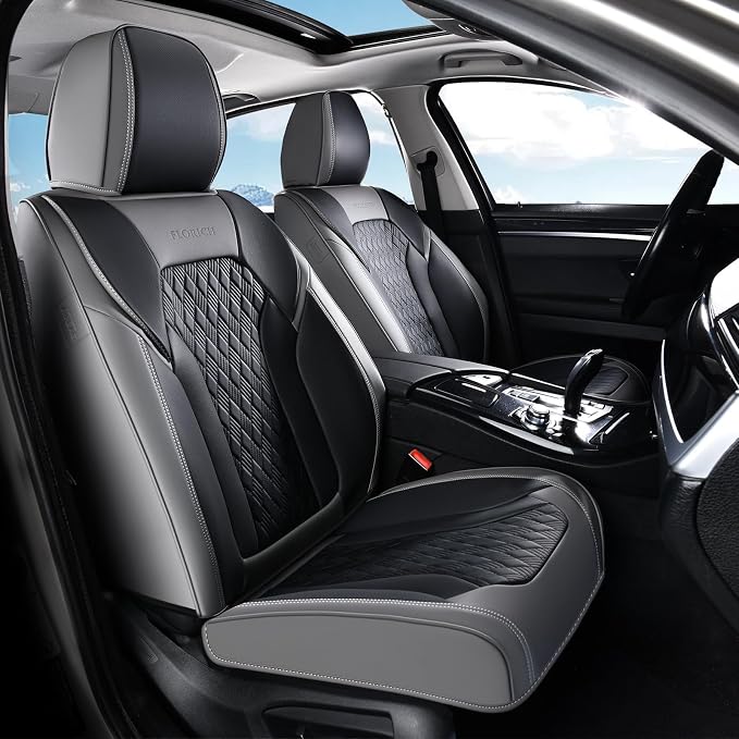FLORICH Seat Covers, Car Seat Covers Front Seats, Luxury Nappa Leather Seat Covers, Breathable and Waterproof Car Seat Protector 2 Seat, Automotive Seat Covers Universal for Most Cars-Gray&Black