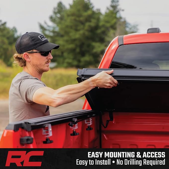 Rough Country Hard Flip-Up Truck Bed Tonneau Cover for Ford F-150 (2015-2020) - Flush Folding Aluminum Bed Cover