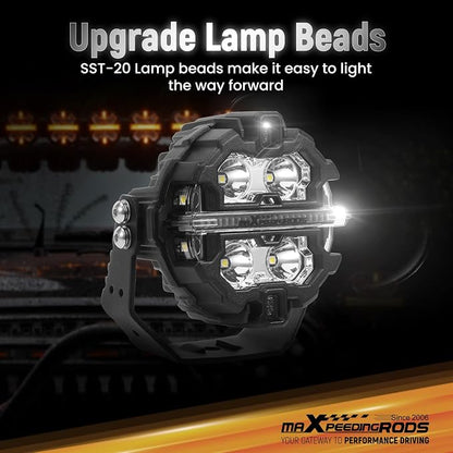 maXpeedingrods 3.5 Inch LED Off Road Lights 160W 19200LM Round Fog Lights with Amber/White DRL, LED Light Bar 270°Side Shooter for UTV Trucks SUV Pickup ATV Motorcycles, with 4 Black Light Covers