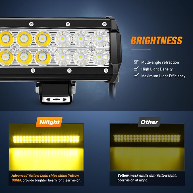 Nilight LED Light Bar 20 Inch 126W Spot Flood Combo Yellow Beam Off Road Lamp Fishing Hunting Emergency Deck Work Lighting for Trucks UTV Pick-up Van Boat Tractor