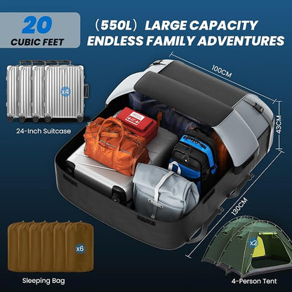 Waterproof Roof Top Bag 20 Cubic/550L | Universal Fit for Cars with/Without Racks | Storage Bag, Anti-Slip Mat, 6 Door Hooks, Combination Lock, Tool-Free Easy Install