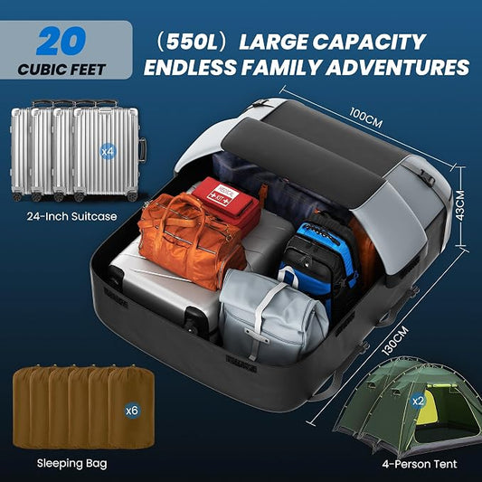Waterproof Roof Top Bag 20 Cubic/550L | Universal Fit for Cars with/Without Racks | Storage Bag, Anti-Slip Mat, 6 Door Hooks, Combination Lock, Tool-Free Easy Install
