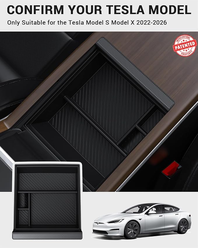 BASENOR 2026-2022 Tesla Model S Model X Center Console Organizer Tray(Carbon Edition), Armrest Storage Box for Model X/S Plaid/Long Range Refresh Console Accessories