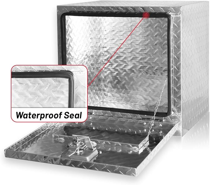 FORWODE 18x17x18 Inch Underbody Truck Tool Box Aluminum Trailer Tool Box with Lock & Foldable T-Handle Waterproof Truck Storage Box for Pickup Truck, Trailer, RV, ATV, Indoor（SILVER）