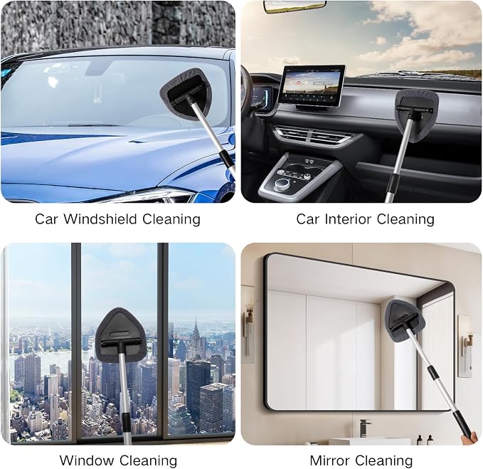 Qydipclin 7pcs Windshield Cleaner Tool Car Window Cleaning Wash Kit with 4 Reusable Microfiber Pads 1 Spray Bottle and Extendable Handle Auto Glass Wiper Kit, Gray