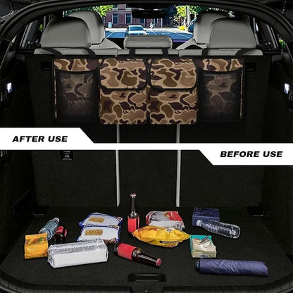 Duck Camo Hanging Car Organizer 4 Pockets Trunk Storage Organizer with Adjustable Straps Large Capacity Backseat Hanging Storage Bag Universal Fit for Cars SUV Sedans