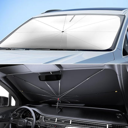 Car Windshield Sun Shade - Universal 55"x31" Front Window Sunshield with Heat-Blocking Titanium Coating, Compact Umbrella Design, for Sedan, SUV, Truck