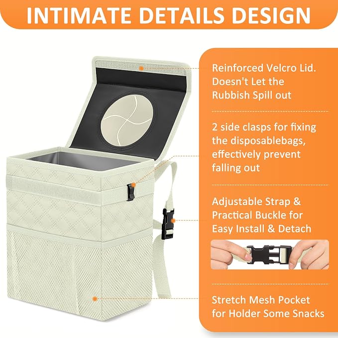 Vankor White Car Trash Can Cute, White Car Accessories for Women Waterproof Automotive Garbage Cans Leak Proof Vehicle Trash Can Diamond Pattern-Beige