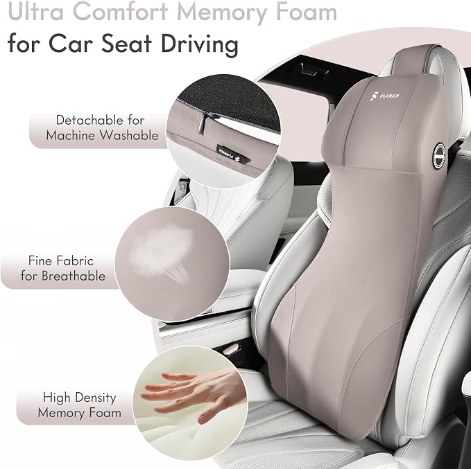 FLORICH 2-in-1 Memory Foam Car Seat Lumbar Support with Headrest Pillow Ergonomic Car Headrest & Lumbar Cushion Back Support Pillow Car Seat Cushion for Driving Neck Back Pain Relief, Gray