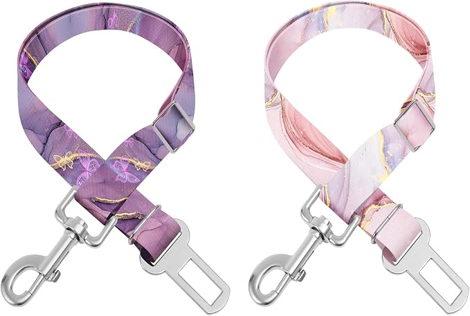 Adjustable pet cat and Dog car seat Belt. The Lanyard is Flexible and Adjustable from 20 to 33 inches (Pink Marble + Purple Marble)