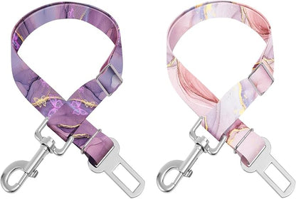 Adjustable pet cat and Dog car seat Belt. The Lanyard is Flexible and Adjustable from 20 to 33 inches (Pink Marble + Purple Marble)