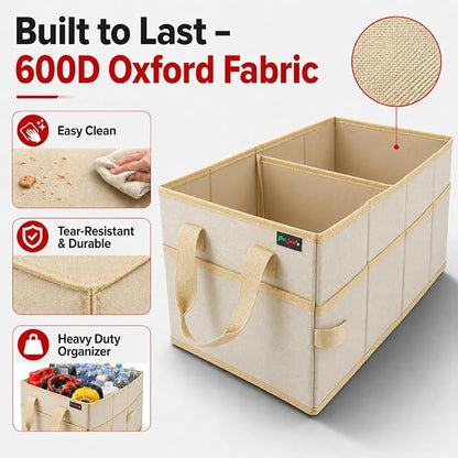 PAT SAM'S Car Trunk Organizer for SUV, Foldable Collapsible Storage Organizer with Dividers, Non-Slip Waterproof 600D Oxford, Backseat & Trunk Storage for Groceries, Tools, Toys (Beige)