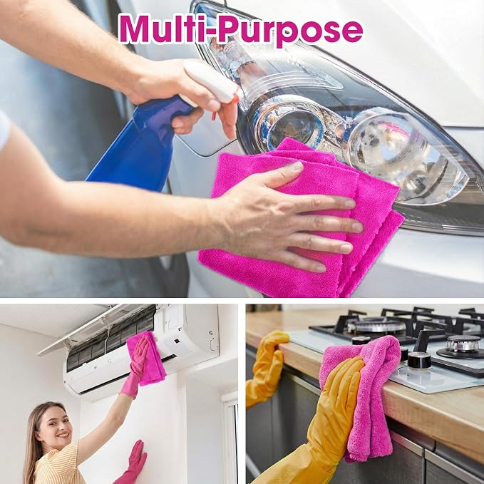 Shimeyao 30 Pcs 16 x 16 Inch Edgeless Microfiber Plush Towels for Cars Detailing Drying Wash Polishing Absorbent Cleaning Cloths, 500 GSM (Fuchsia)