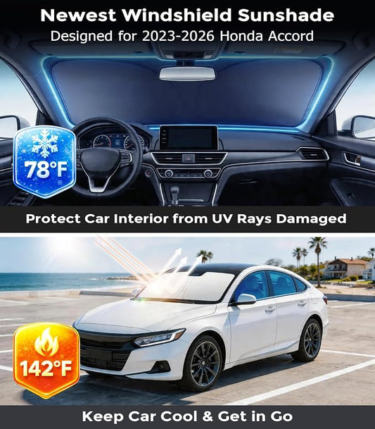 DMJN Front Windshield Sun Shade for Honda Accord (2023-2026), [Nano Ice-Crystal Coatings] UPF50+ Heat & UV Block, Protect Car Interior & Keep Cool, Flodable Steel-Ring Car Cover for Summer