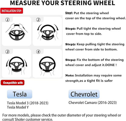 D Shape Steering Wheel Cover for Tesla Model 3 / Y, for Camaro, 14-14.25 Inch Black Leather Car Wheel Cover for Men Women