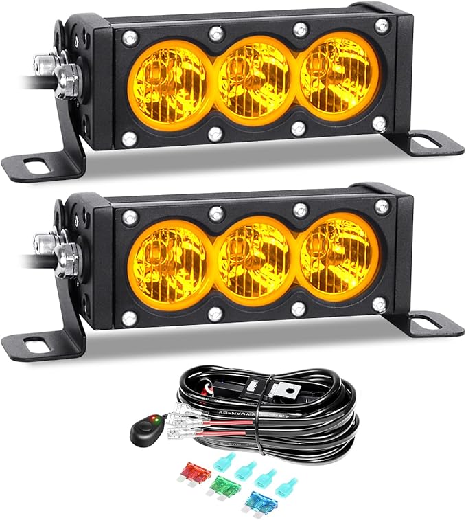 AUXTINGS 2 Pieces 6 inch Single Row Amber LED Light Bar 30W Off Road Light Bar Flood Beam LED Work Light Truck UTV 4x4 Cars SUVs ATVs Boats Fog Driving Light with Wiring Harness kit