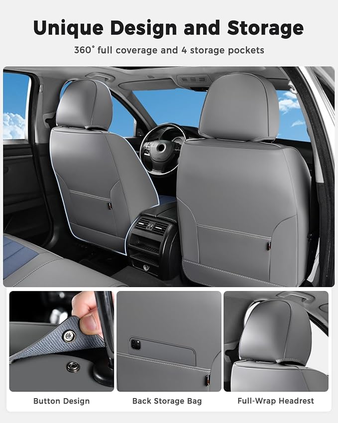 Huidasource Front Seat Covers, Universal Fit for Most Cars SUV Trucks, Full Coverage Leather Seat Cover, Airbag Compatble, Seat Function Retain, Storage Pocket Design, Easy to Install, Gray & Blue