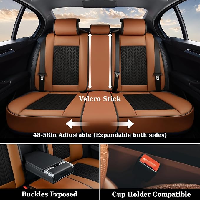 Coverado Seat Covers Full Set, 5 Seats Car Seat Cover, Front and Back Seat Covers for Cars, Breathable Faux Leather Car Seat Cushion, Car Seat Protector Universal Fit for Most Cars Vans, Brown