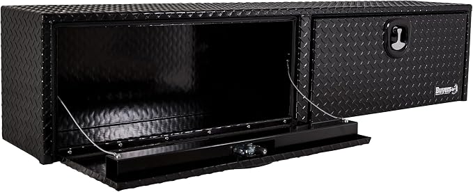 Buyers Products 1721556 Black Aluminum Diamond Tread Topsider Truck Box With Drop Door, 88x13x16 Inch, Weather Resistant, Locking Compression Latch, No Drill Install, Made in USA