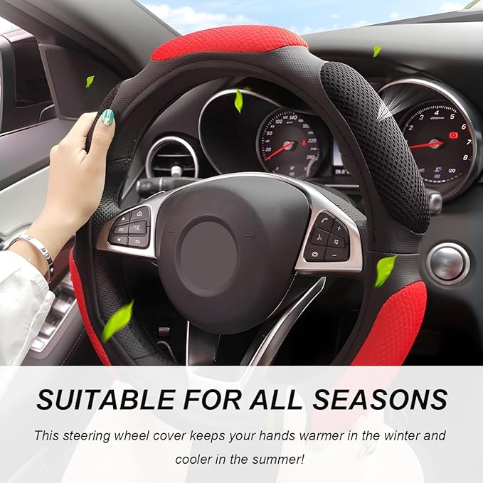 Car Steering Wheel Cover, 15" Anti-Slip Steering Wheel Protector Soft Hand Pad Cushion, Breathable Ice Silk Auto Wheel Wraps Comfy Grip All-Season Protector for Most Vehicles (Black & Red)