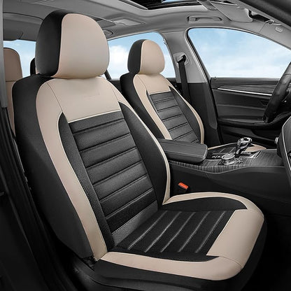 Coverado Car Seat Covers Front Seats, Luxury Leather Car Seat Covers, Automotive Mesh Seat Covers 2 Pack, Airbag-Compatible, Black Beige Seat Covers for SUV Sedan Truck