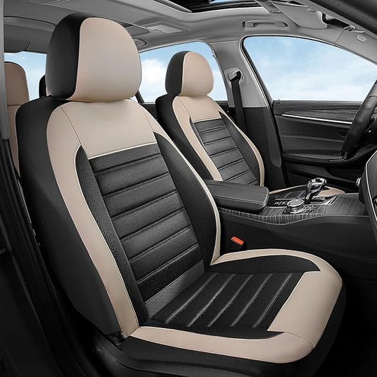 Coverado Car Seat Covers Front Seats, Luxury Leather Car Seat Covers, Automotive Mesh Seat Covers 2 Pack, Airbag-Compatible, Black Beige Seat Covers for SUV Sedan Truck