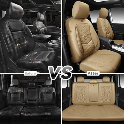 CAR PASS Luxury Nappa Leather Seat Covers Full Set, Water Resistant Faux Leather Seat Cover with Lumbar Support, Breathable Automotive Seat Covers Universal Fit for Sedan SUV Van Truck, Pure Beige