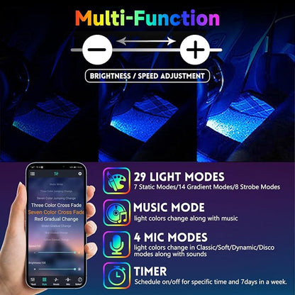 Car Led Light Interior 6 Inch 48LEDs Soft Lighting Frosted Under Dash Foot Well Light RGB, 29 Modes Static/Gradient/Strobe/Music, with Controller App Timer, USB 5V