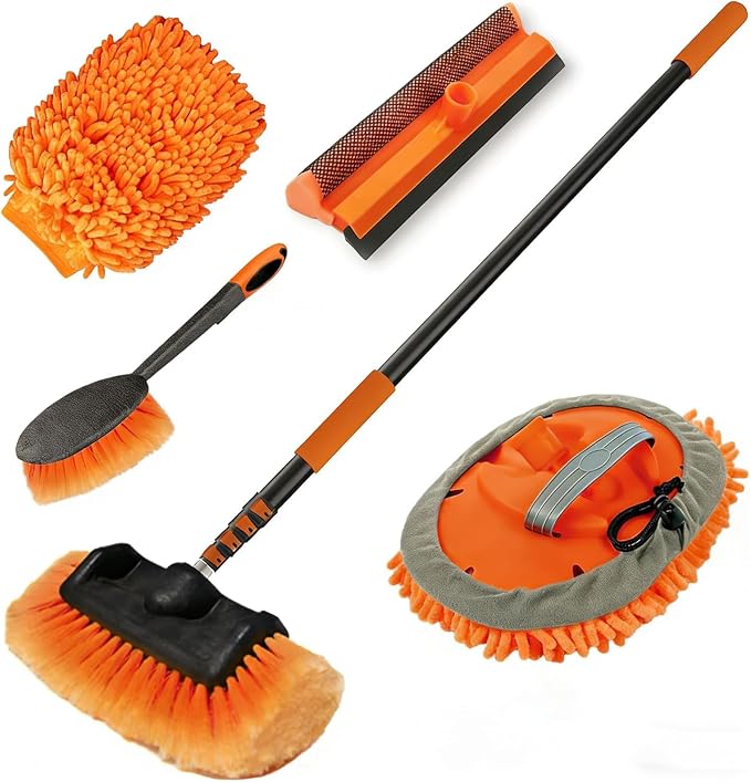 LAANPOLE 20FT Car Wash Brush with Long Handle, Car Cleaning Kit with Soft Bristle Wash Brush, Microfiber Cleaning Mop, Window Squeegee, Mitt, Wheel Brush for RV, Truck, Boat, House Siding