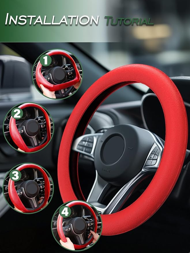 LRITER Car Steering Wheel Cover, Non-Slip Silicone Material, Multiple Color Choices, Universal Auto Parts Steering Wheel Cover, Suitable for Most Cars (Red)