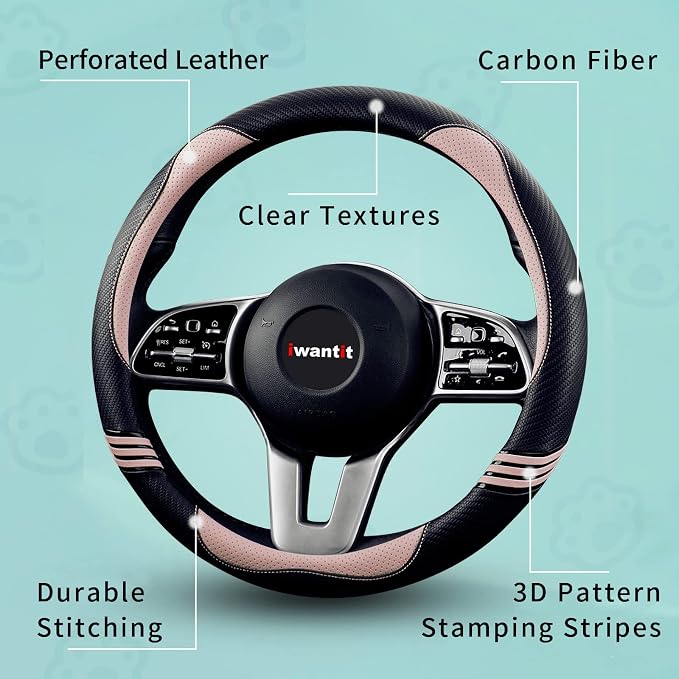 Iwantit® Steering Wheel Covers with Carbon Fiber, Universal Fit 14.5-15 inches for Cars,SUV (Romantic Pink)