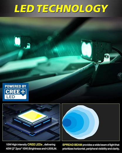 Green LED Pods 3" 40W Diffused CREE LED Pod Lights | Green Hunting Fishing Light Pods Scene Chase Light Bars for Truck Pickup Tractor Trailer Van Boat UTV