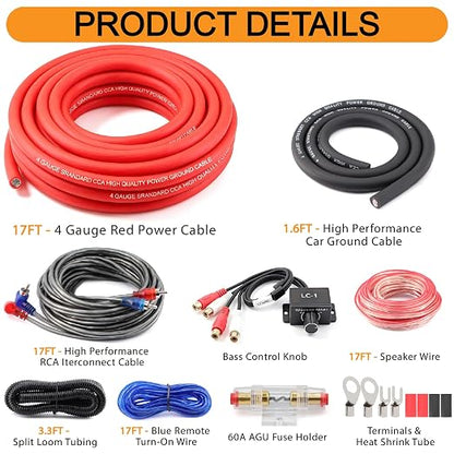 4 Gauge Amp Wiring Kit 1200W Complete Amplifier Installation Kit with Bass Control Knob for Car Audio Subwoofer System