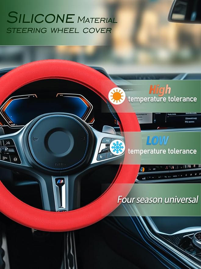 LRITER Car Steering Wheel Cover, Non-Slip Silicone Material, Multiple Color Choices, Universal Auto Parts Steering Wheel Cover, Suitable for Most Cars (Red)