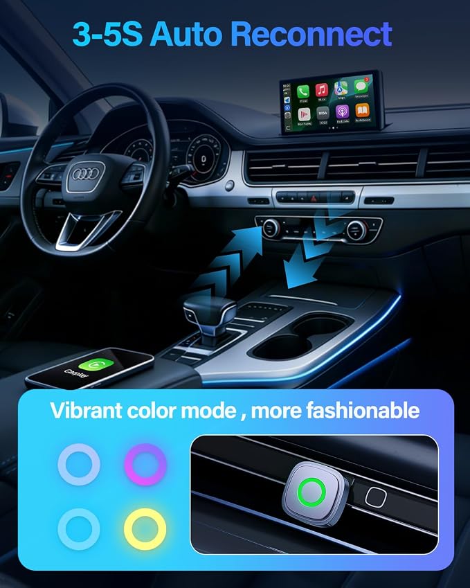 Ultra-Mini Wireless CarPlay Adapter with A9 Chip, 5.8GHz Wi-Fi Low Latency, 3-5 Sec Auto Connect, Universal Apple CarPlay/Android Auto Wireless Adapter for Factory Wired Cars
