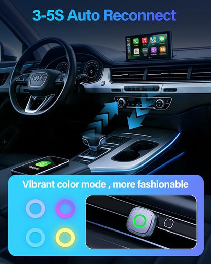 Ultra-Mini Wireless CarPlay Adapter with A9 Chip, 5.8GHz Wi-Fi Low Latency, 3-5 Sec Auto Connect, Universal Apple CarPlay/Android Auto Wireless Adapter for Factory Wired Cars