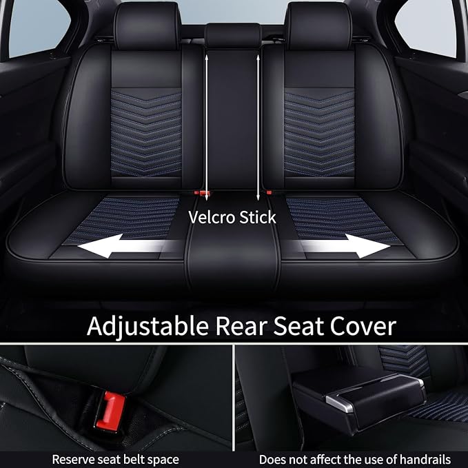 HChengkikz Car Seat Covers, Breathable and Waterproof Faux Leather Automotive Seat Covers, Universal Anti-Slip Driver Seat Cover for Cars SUV Pick-up Truck Sedan (5 PCS Full Set, Black + Blue)