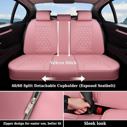 Coverado Full Set Car Seat Covers, Luxury Faux Leather Waterproof Seat Covers, Pink Car Seat Protectors, Universal Fit for Most Cars, Automotive Seat Covers-Pink