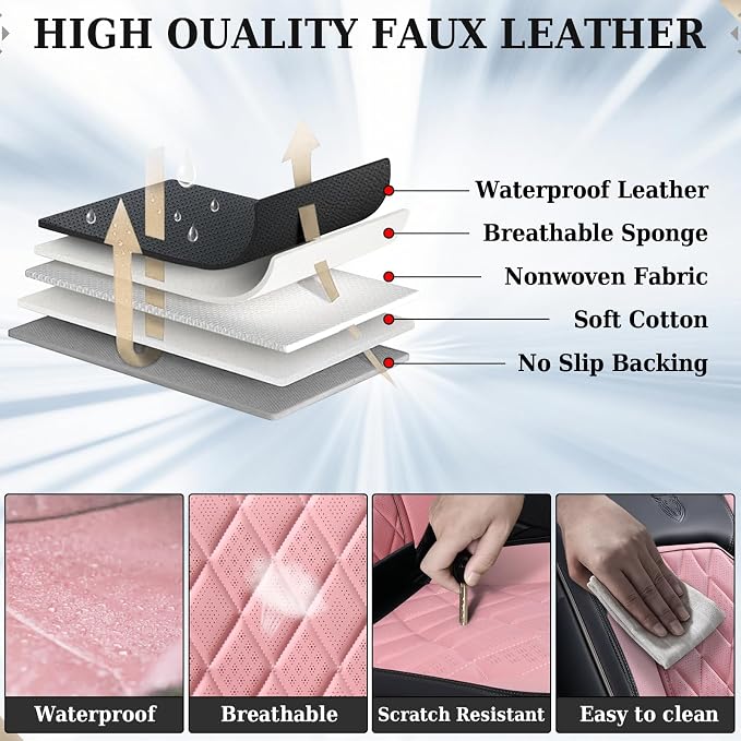 Coverado Leather Seat Covers, Car Seat Covers Full Set, Waterproof Faux Leather Pink & Black Seat Covers, Car Seat Protectors 5 Seats, Automotive Seat Covers Universal Fit for Most Cars SUV Trucks