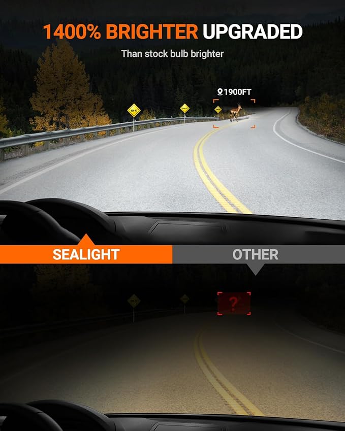 SEALIGHT H13 Bulbs, 90,000LM 14X Brightness, 9008 H13 6500K White, IP68 Waterproof 70000Hrs Lifespan, 5X Heat Dissipation driving, Plug and Play, 2 Pack