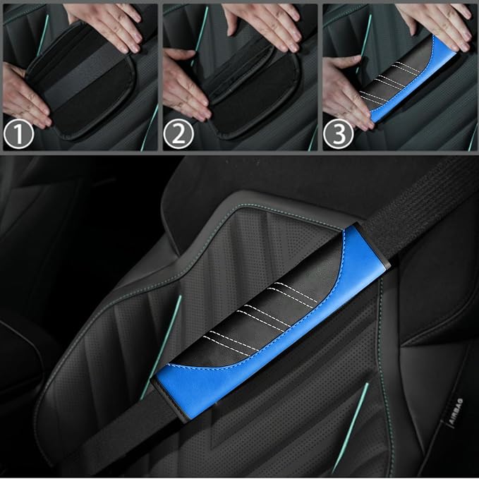 NBTEPEM 6 Pcs Blue Car Accessories Set, Sport Leather Steering Wheel Cover 14.5-15inch Universal, Microfiber Leather Car Center Console Cover, Seat Belt Cushion, Cup Holder Coaster (Black-Blue)