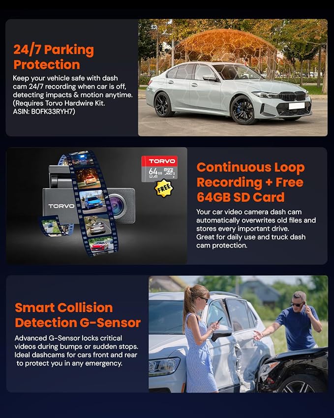 TORVO TD3 4K+2K Dash Cam with App, Camera for Car Front and Back with 5G WiFi & GPS, Free 64GB Card, Night Vision Dashcam Front Cameras 24/7 Recording When Car is Off, Security Camera for Cars