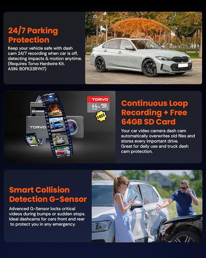 TORVO TD3 4K+2K Dash Cam with App, Camera for Car Front and Back with 5G WiFi & GPS, Free 64GB Card, Night Vision Dashcam Front Cameras 24/7 Recording When Car is Off, Security Camera for Cars