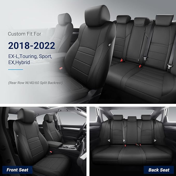 Custom for Honda Accord Seat Covers 2018 2019 2020 2021 2022 EX-L, Touring, Sport, EX, Hybrid, Faux Leather Car Seats Cover Full Set (Rear Row W/40/60 Split Backrest) - Black