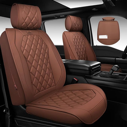 CAR PASS Luxury Nappa Leather Seat Covers Full Set, 3D Rhombus Waterproof Faux Leather Seat Covers, Universal Automotive Seat Cushion Fit for Most Sedan SUV Truck Van, Armrest Airbag Compatible Brown