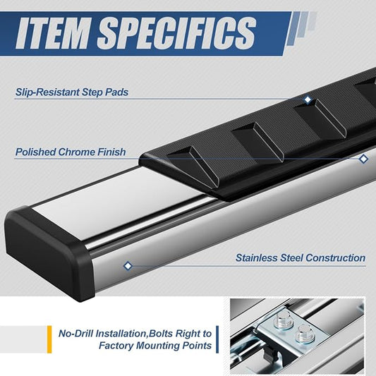 Auto Dynasty Running Boards Compatible with 2007-2019 Silverado Sierra 1500 2500HD 3500HD Crew Cab, Stainless Steel Side Step Rail Nerf Bars, 5" Step Bars, Silver Brushed